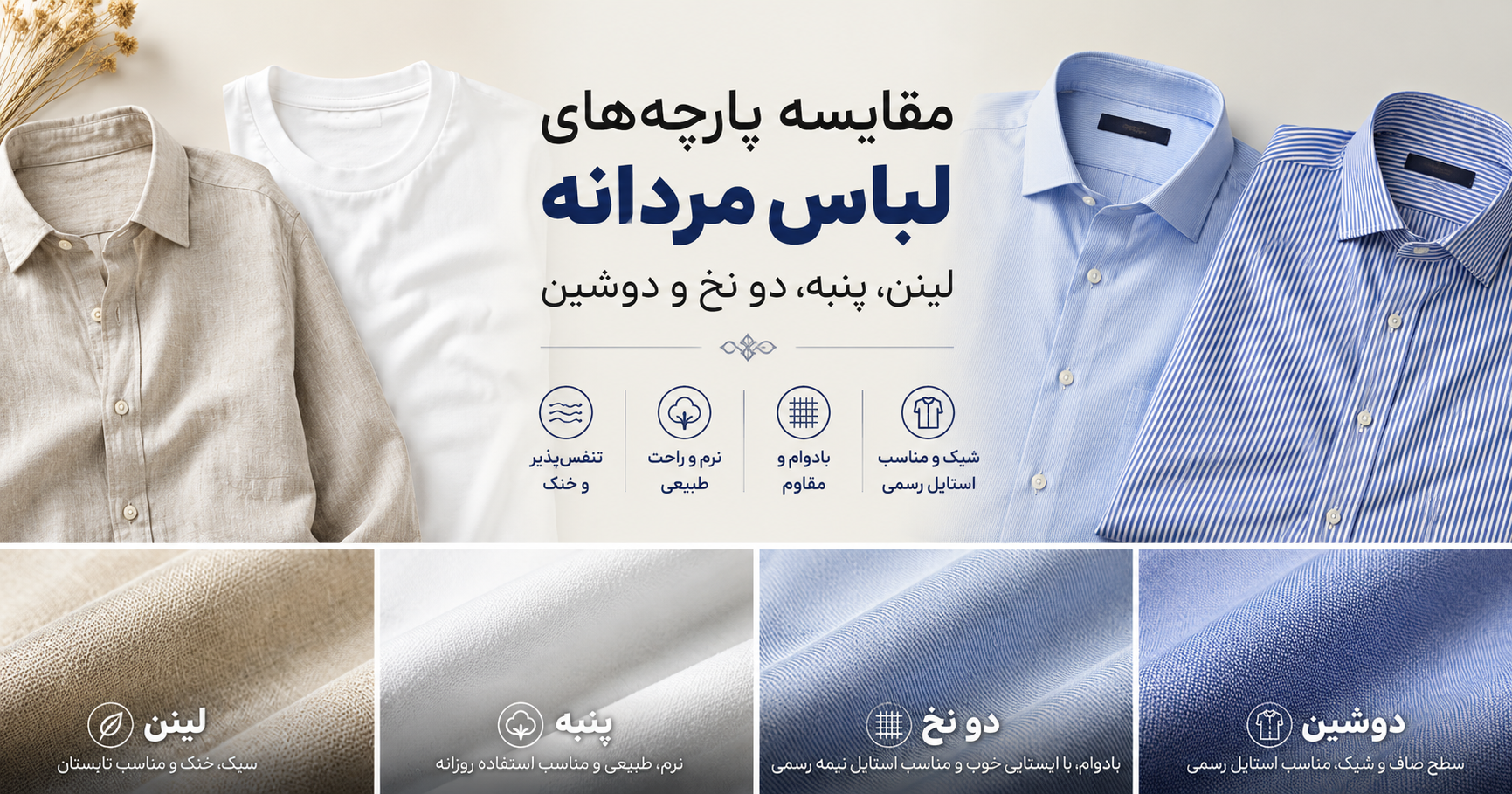 تفاوت پارچه‌های لباس مردانه؛ لینن، پنبه، دو نخ و دوشین